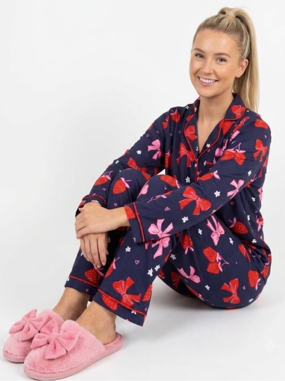 Kirkland's Home Strawberry & Bow Pajama Set in Navy Blue, Pink, and Red - Size L